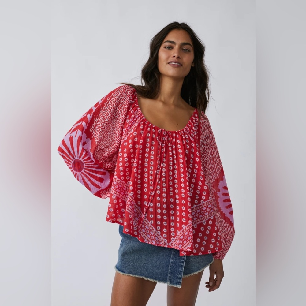FREE PEOPLE Boho Floral Printed Flowy Blouse - Size XS - Red Combo - NWT - Picture 7 of 16